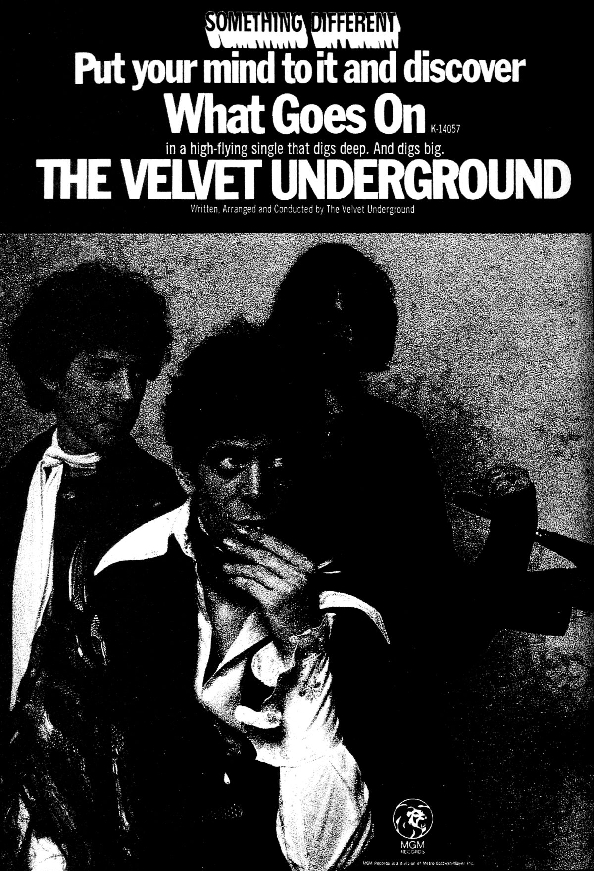 Anuncio de MGM Records de 1969 del single What Goes On de The Velvet Underground, con Lou Reed en el centro